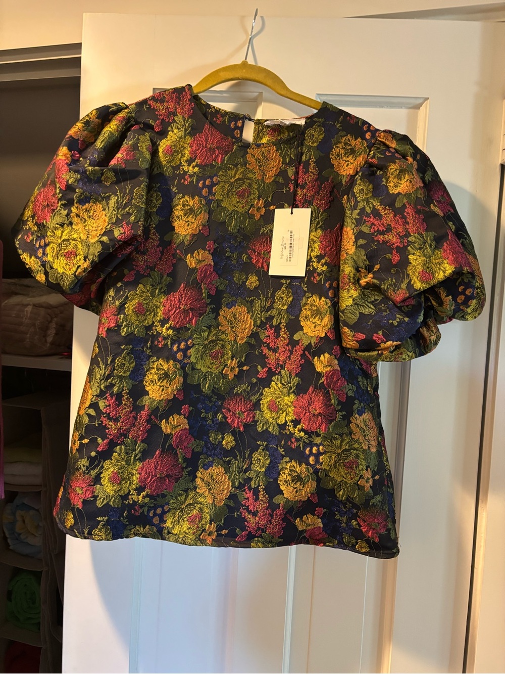 THML Navy Floral Jacquard Puff-Sleeve Blouse